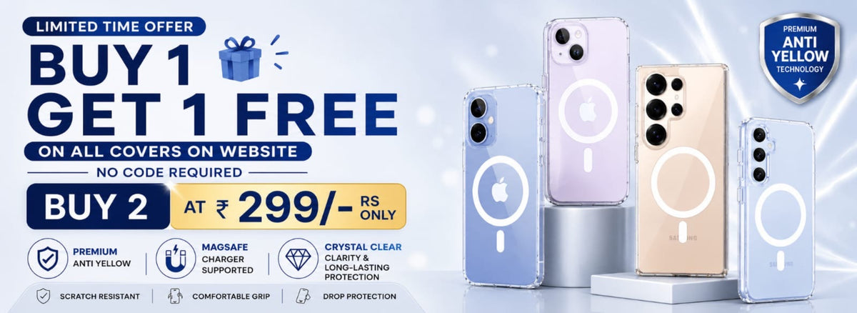 Promotional banner for phone purchase with buy one get one free offer on a light blue background.